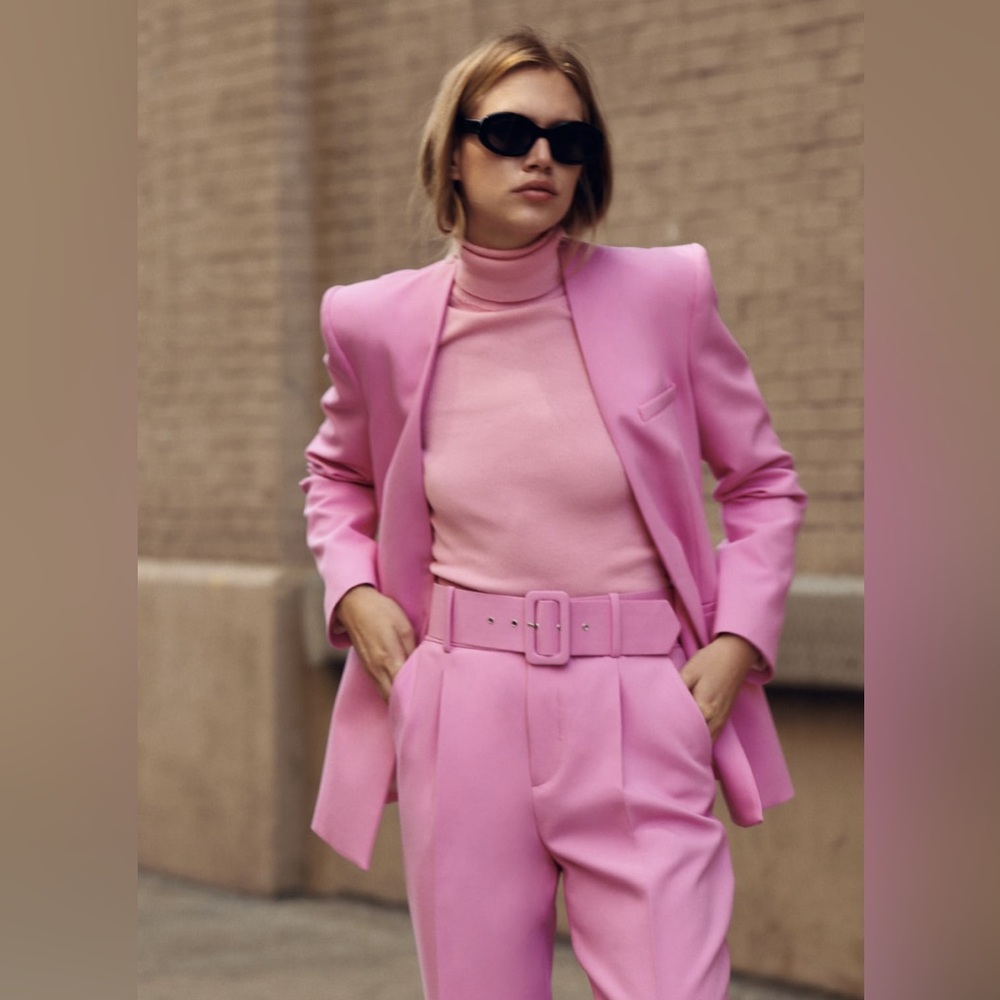 ZARA LAPELLESS FITTED BLAZER and PANTS WITH FABRIC-COVERED BELT
